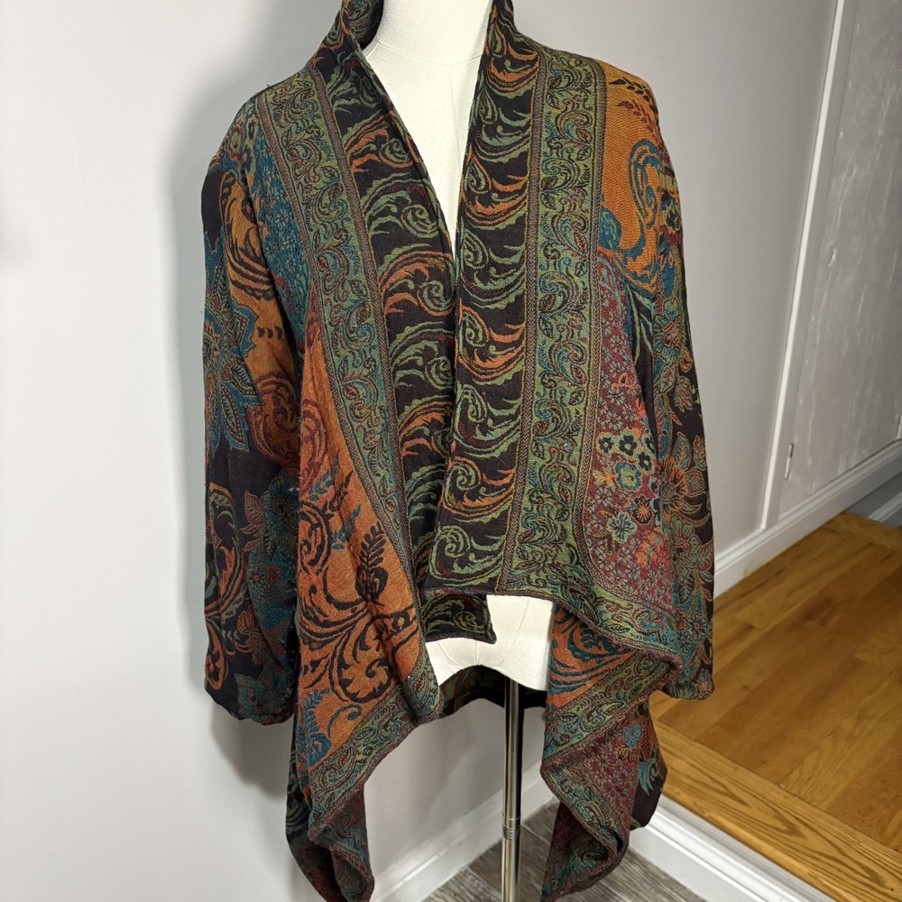 Parsley & Sage Wool Asymmetrical Open Cardigan Colorful Paisley Sz S Boho Hippie